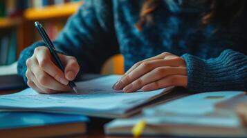 A person writing with a pen on paper over a table photo