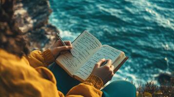 A person is writing in a notebook near the ocean waters photo