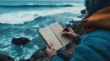 A person writing in a notebook by the ocean waves photo