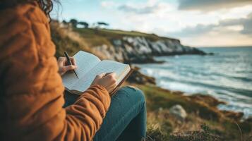 Someone writing in a journal by the ocean near the coast photo