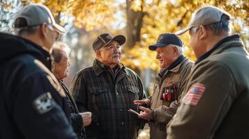 Several older people standing together and having a conversation outdoors photo