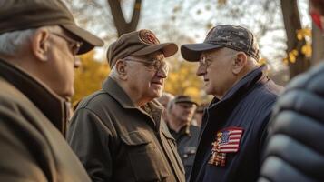 Older men wearing caps converse in an outdoor autumnal setting photo