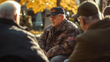 Elderly man talking with friends in an outdoor environment photo