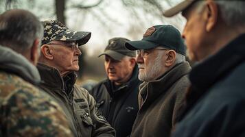A group of older men are engaged in serious conversation outdoors photo