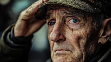 An elderly man shields his eyes from the sunlight outdoors photo