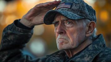 A veteran salutes wearing a camouflage hat and clothing with respect photo