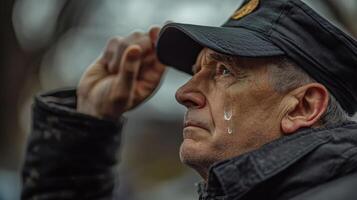 A sorrowful elderly man with tears falling from his eye photo