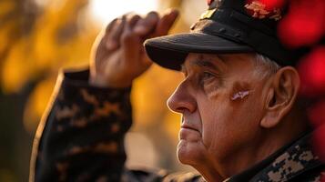 A soldier in uniform saluting the sun with a serious expression photo