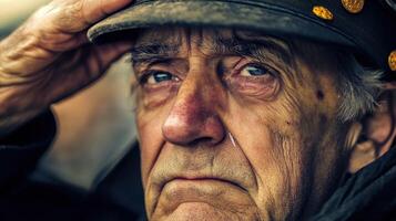An elderly gentleman salutes while wearing a military style cap photo