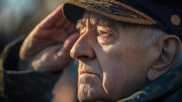 An older man salutes respectfully under the bright sunlight photo