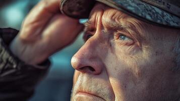 A close up of an elderly man looking into the distance photo