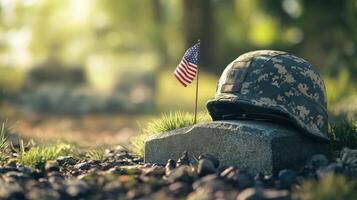 A tribute honoring a fallen soldier with a grave and helmet photo