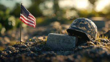 Memorial depicts a grave with a flag and combat helmet photo