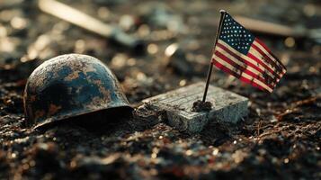 An American Flag And Military Helmet On Barren Landscape photo