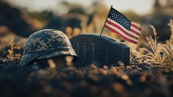 A memorial to fallen soldiers featuring a helmet and flag photo