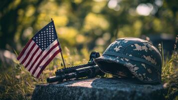 American Flag And Military Equipment Resting On Stone photo