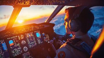 Pilot at the controls gazing at the sunset from airplane cockpit photo