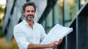A Smiling Man Holding Blueprints in Front of a Building photo
