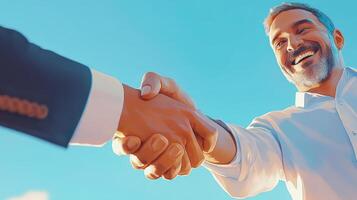 Two men shaking hands with bright blue sky behind them photo