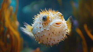 A close up image displays a pufferfish in its natural habitat photo