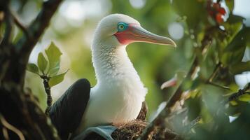 A beautiful bird with colorful features sits in a tree photo