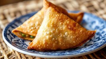Golden fried triangular pastries presented on a decorative ceramic plate photo