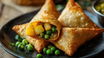 Golden fried triangular savory pastries filled with vegetables are shown photo