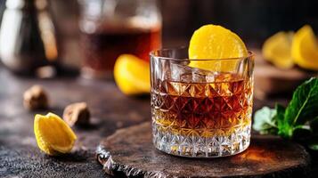 A Close Up Of A Cocktail With Lemon Garnish On Display photo