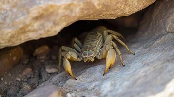 A scorpion crawls out from under a rocky stone formation photo