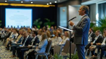 Man Speaking Into Microphone During Corporate Conference Presentation photo