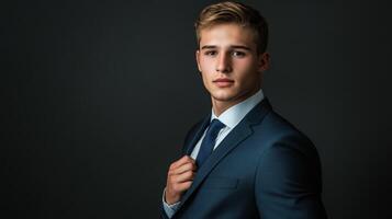 Handsome young man in a suit looking confidently at camera photo