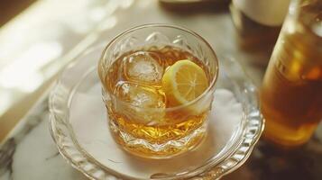 Refreshing drink served in a decorative glass with lemon garnish photo