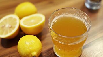 Fresh lemons and a beverage are placed upon a wooden surface photo