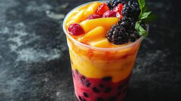 A layered fruit smoothie topped with berries and fresh mint leaves photo
