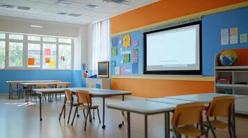 An empty and bright classroom is ready for student instruction photo