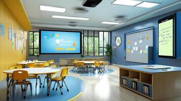 A brightly lit classroom with tables chairs and projector screen photo