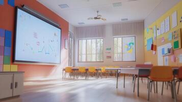 Bright and empty classroom with modern furniture and a smart board photo