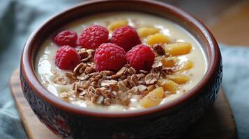 Creamy fruit smoothie bowl topped with fresh berries and granola photo
