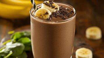 A chocolate smoothie topped with banana and chocolate chips is visible photo