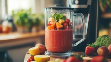 A blender filled with fresh fruit preparing a healthy smoothie photo