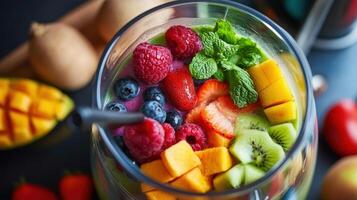 Colorful fruit smoothie with berries and mint arranged inside glass photo