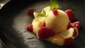A delicious dessert of raspberries sorbet and lemons is presented photo