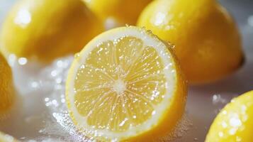 Fresh yellow lemons sliced and displayed with glistening droplets photo