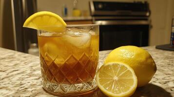 A refreshing alcoholic beverage with a lemon slice garnish photo