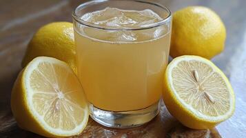 A glass of lemonade surrounded by fresh yellow lemons photo