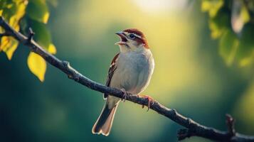 A small bird is perched on a branch and singing loudly photo