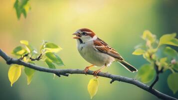 A Small Brown Bird Sits On A Tree Branch With Leaves photo