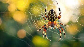 A colorful spider rests in its complex web amidst the light photo