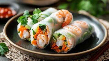 Fresh shrimp and vegetable spring rolls arranged on a plate photo