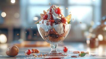 A delectable dessert parfait with berries and whipped cream is shown photo